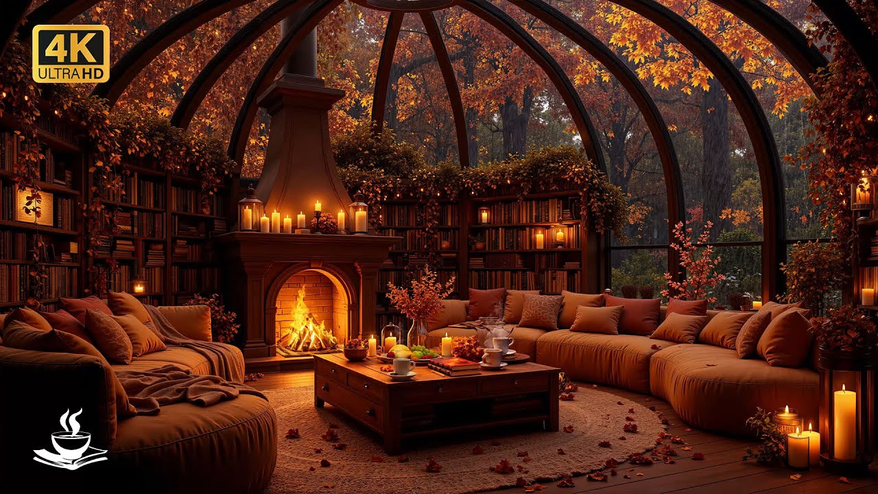 Whispering Library Cabin 🍁 Autumn Reading Haven with Candlelight Glow & Gentle Jazz Ambience