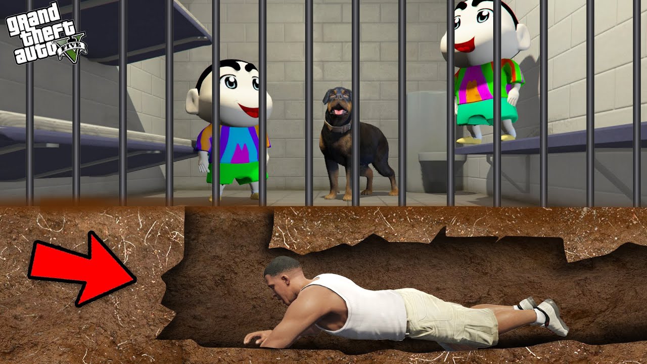Franklin Dig A Secret Tunnel To Save Shinchan And Pinchan From Jail In GTA 5!