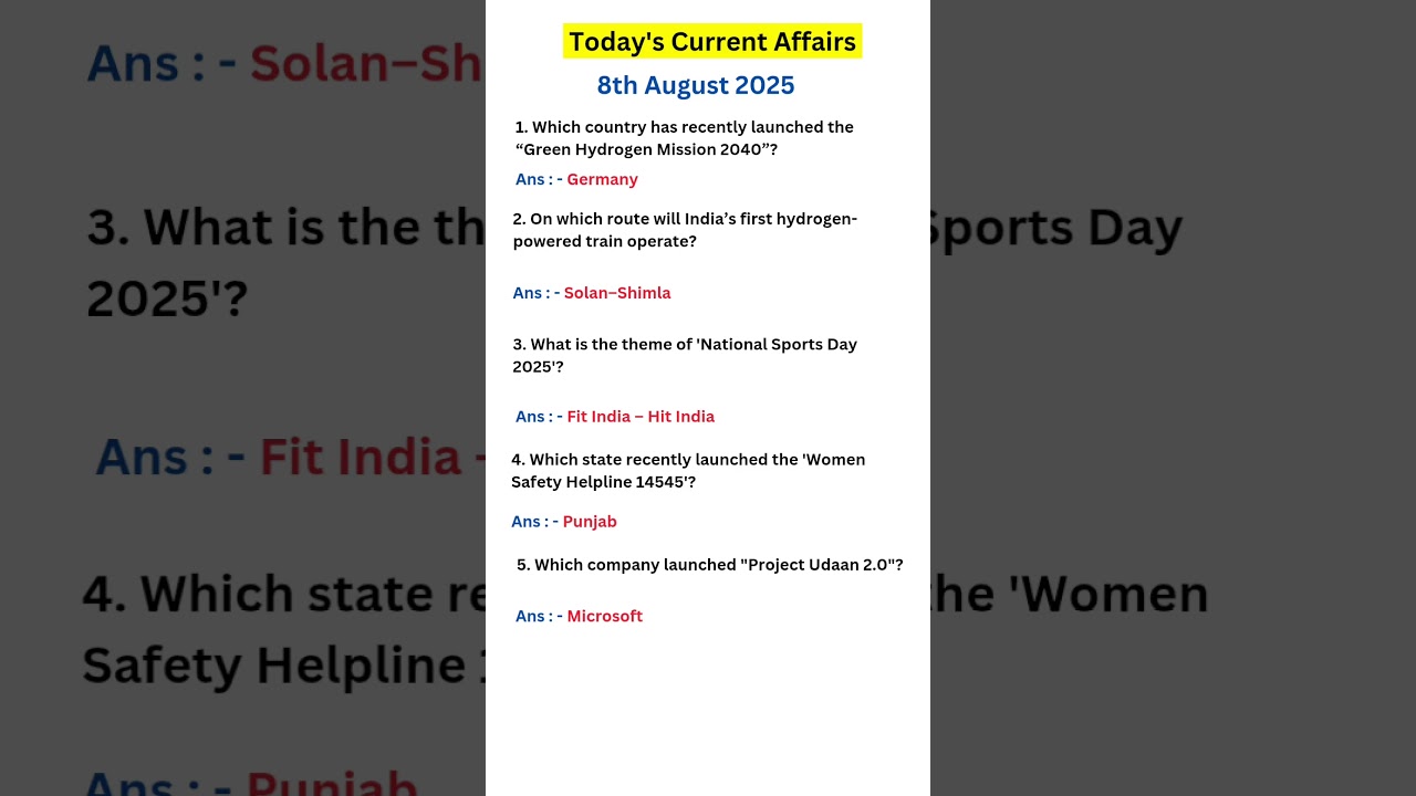 8 August Current Affairs 2025 💯 Current Affairs 2025 | Current Affairs 