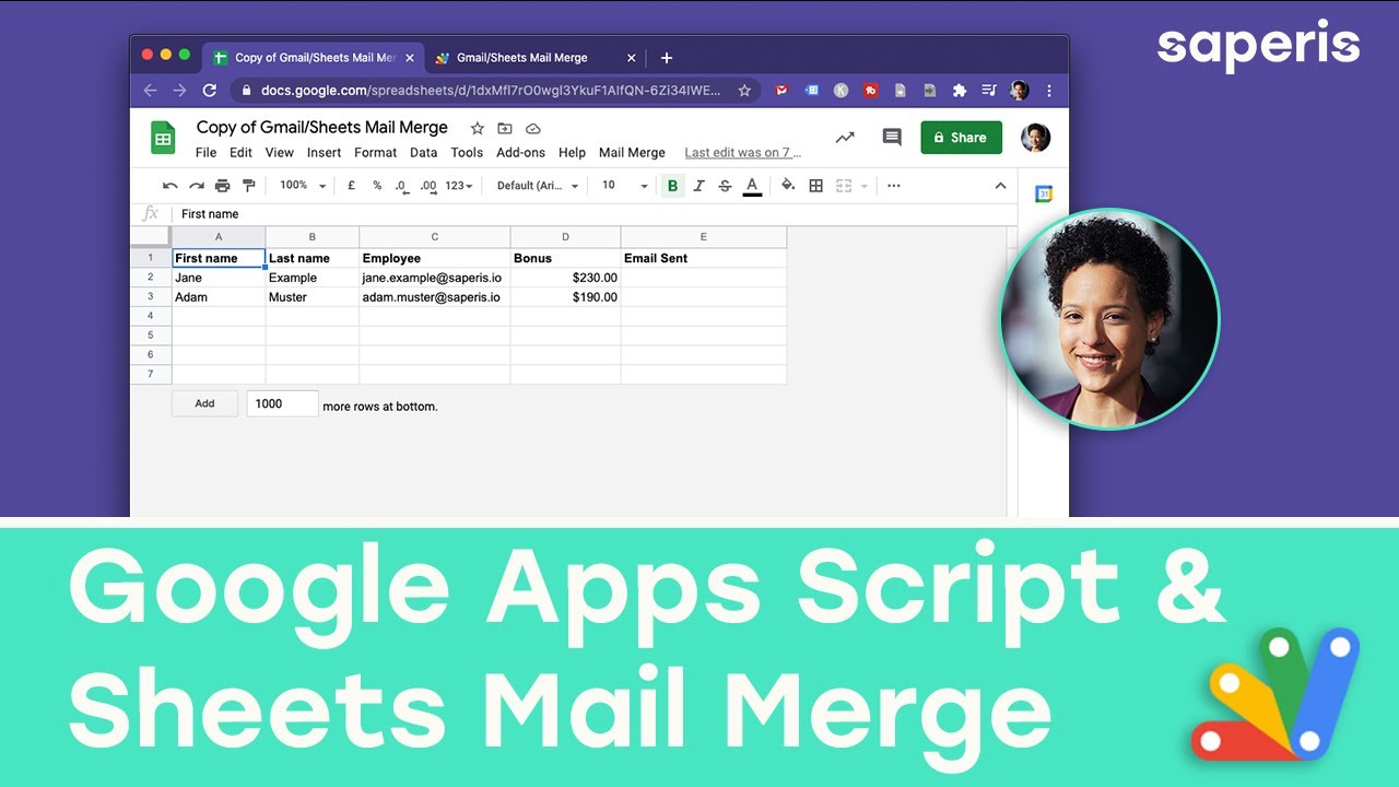 Примеры использования Google Apps Script — создание функции слияния почты для Gmail и Google Sheets.