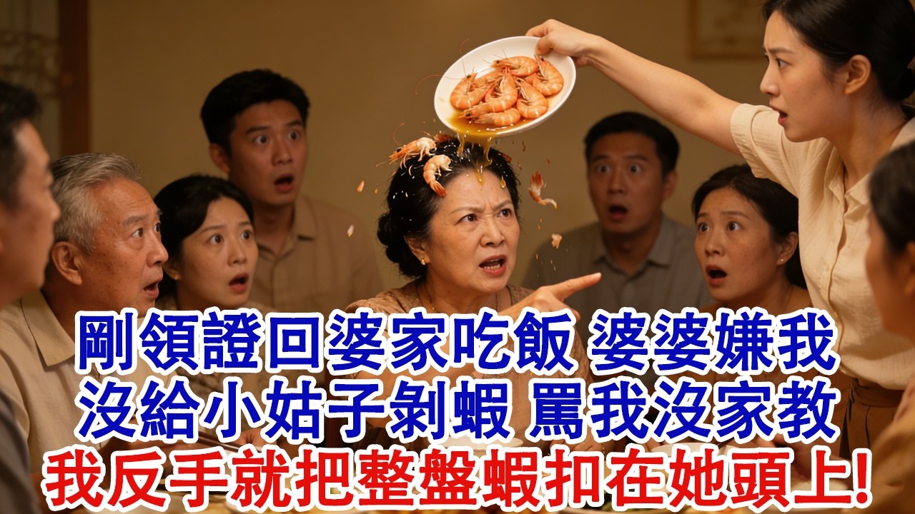 剛領證不到一小時，回婆家吃飯，婆婆嫌我沒給小姑子剝蝦，當眾罵我沒家教。我放下碗筷，反手就把整盤蝦扣在她頭上！#婆媳 #家庭 #婚姻 #情感故事 #為人處世