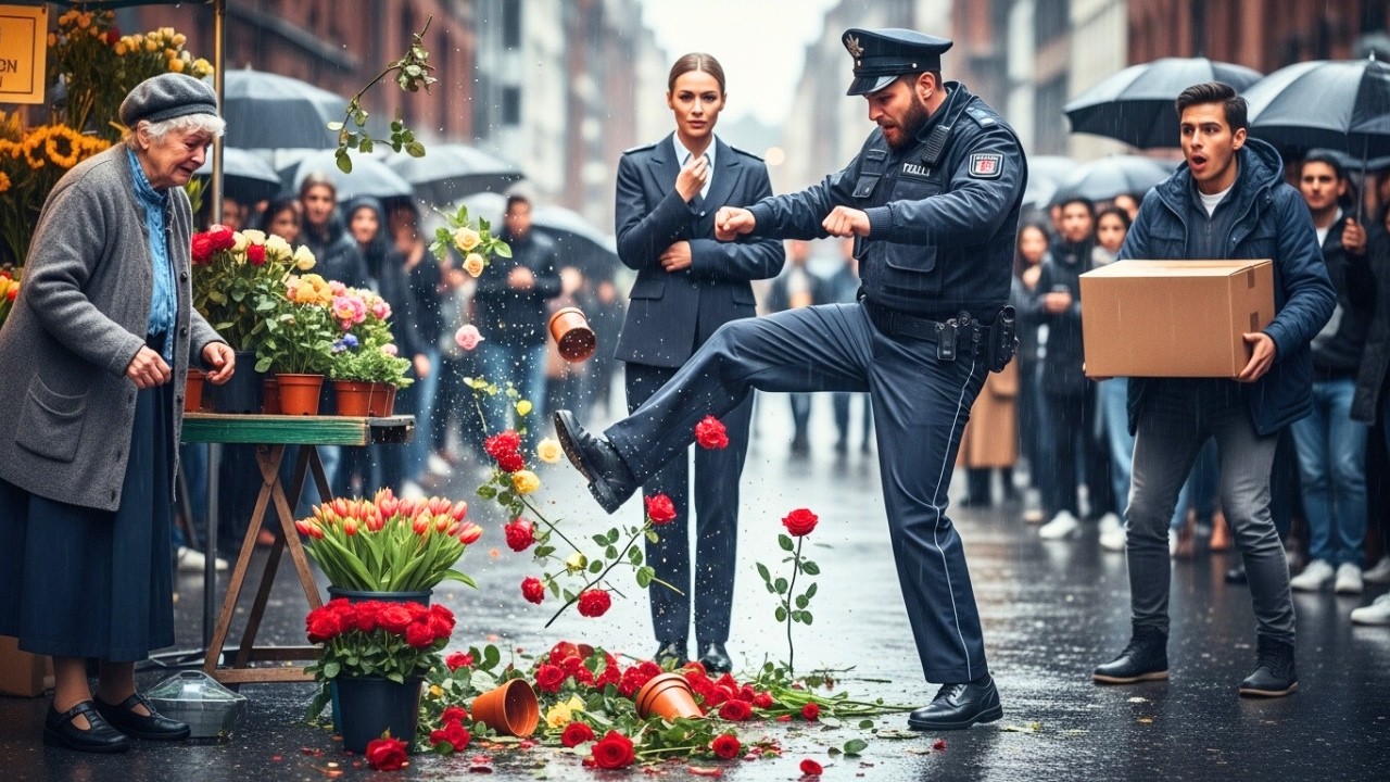 Polizist Demütigt Alte Blumenverkäuferin – Doch Er Weiß Nicht, Wer Hinter Dem Stand Steht