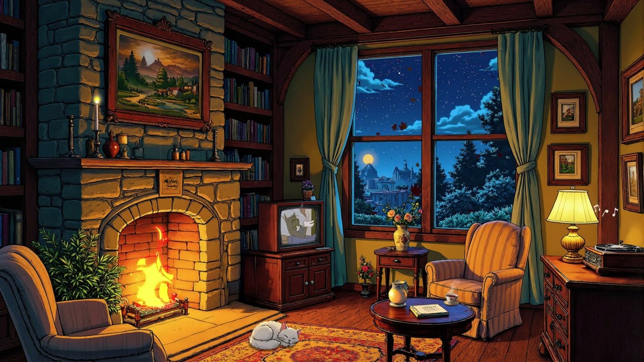 1930s vintage reading nook with oldies playing in another room fireplace sounds