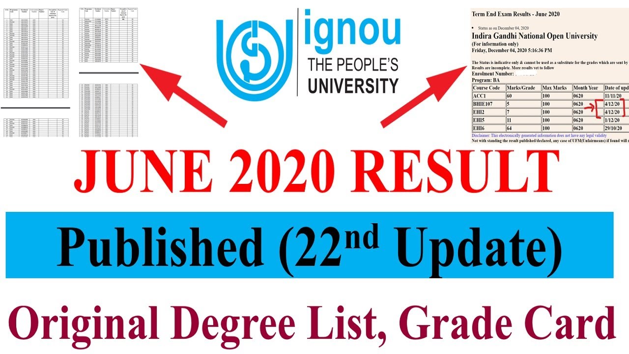 IGNOU JUNE/Sept. 2020 EXAM RESULT 22nd UPDATE PUBLISHED | Original Degree List,Grade Card Error