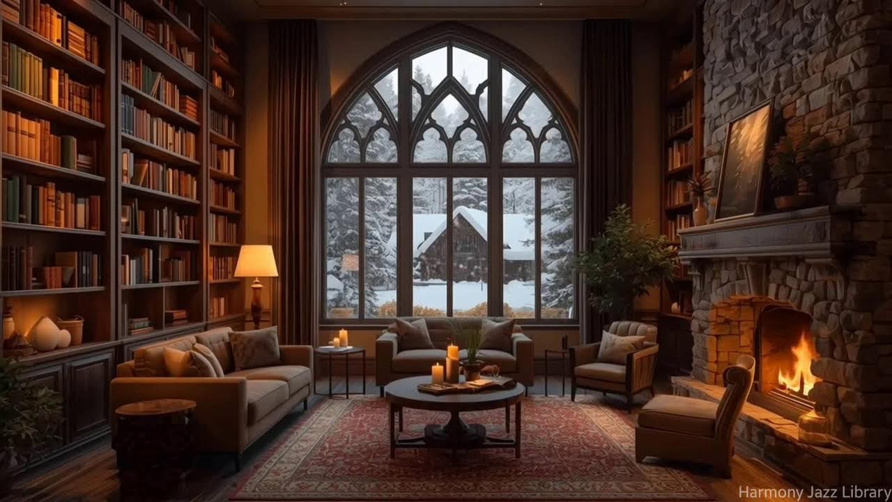 Calming Winter Jazz Snowy Cabin Library Retreat for Reading Comfort, Warm Lights & Quiet Focus