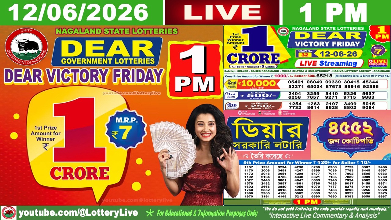 [LIVE] Lottery 1:00 PM Dear Nagaland state lottery live draw result 12.06.2026 | Lottery live