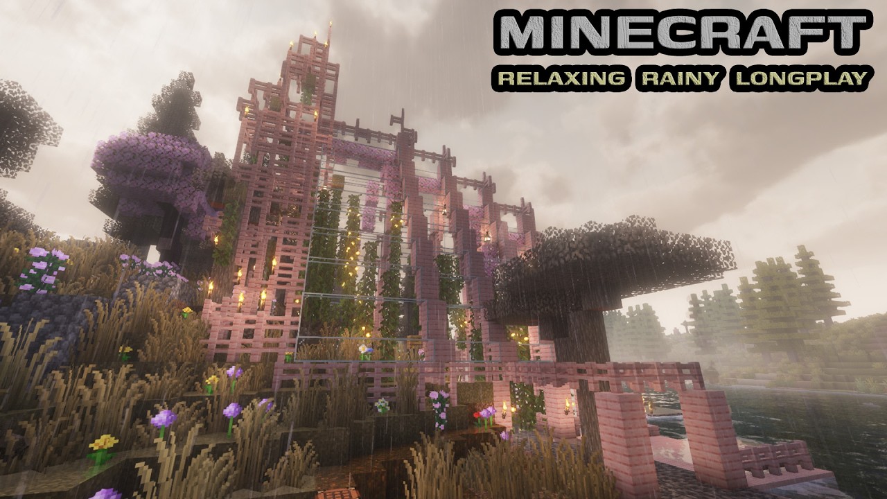 Building a Rainy Greenhouse Castle – Relaxing Minecraft Cherry Blossom Ambience (No Commentary)