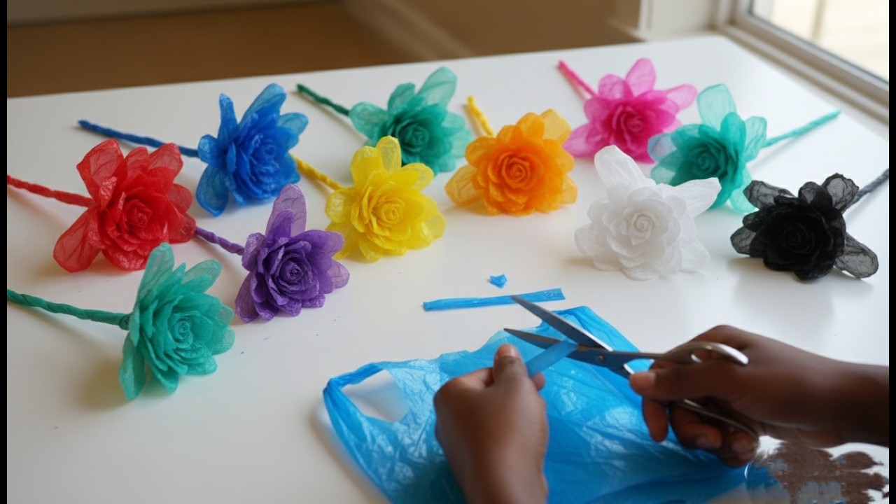 BEAUTIFUL PLASTIC BAG FLOWERS: Making cute flowers with shopping plastic bags at home. Very easy