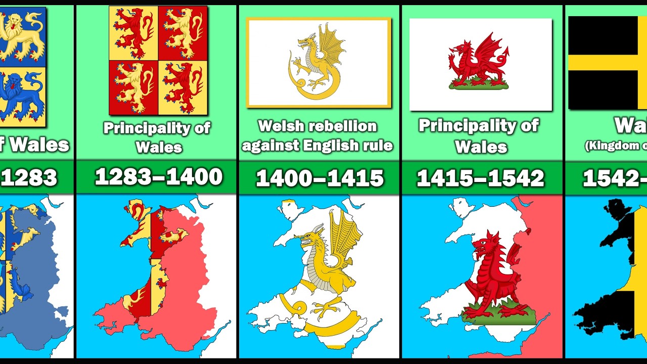 Эволюция валлийского флага и территории.