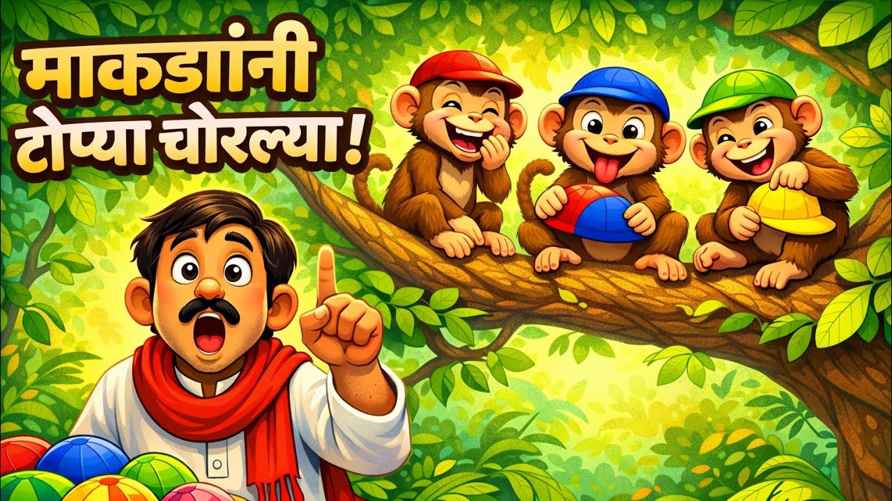 माकडांनी टोप्या चोरल्या! 😲🐒 | टोपीवाल्याची गोष्ट#KidsStory #MarathiKids #BalGoshti #TinyMarathiKids