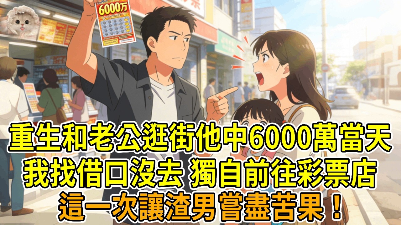 上一世，和老公逛街買彩票，他刮出6000萬，當場翻臉要和我離婚，拋妻棄女逍遙度日。我每天打三份零工糊口，因過度勞累猝死在工位。再睜眼，我找借口沒去逛街，獨自前往彩票店，這一次讓妳嘗盡苦果！