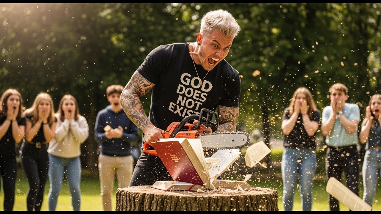 ATHEIST TRIES TO SHRED BIBLE WITH CHAINSAW -THEN THE MACHINE STOPPED MID-AIR! YOU WON'T BELIEVE THIS