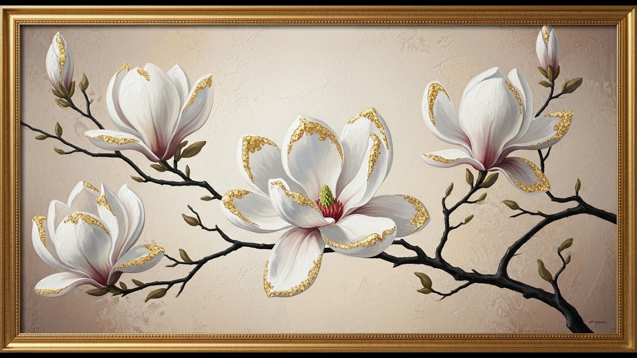 Elegant Botanical Blossom with Gold Foil | 4K Digital Canvas | Minimalist Flower Art