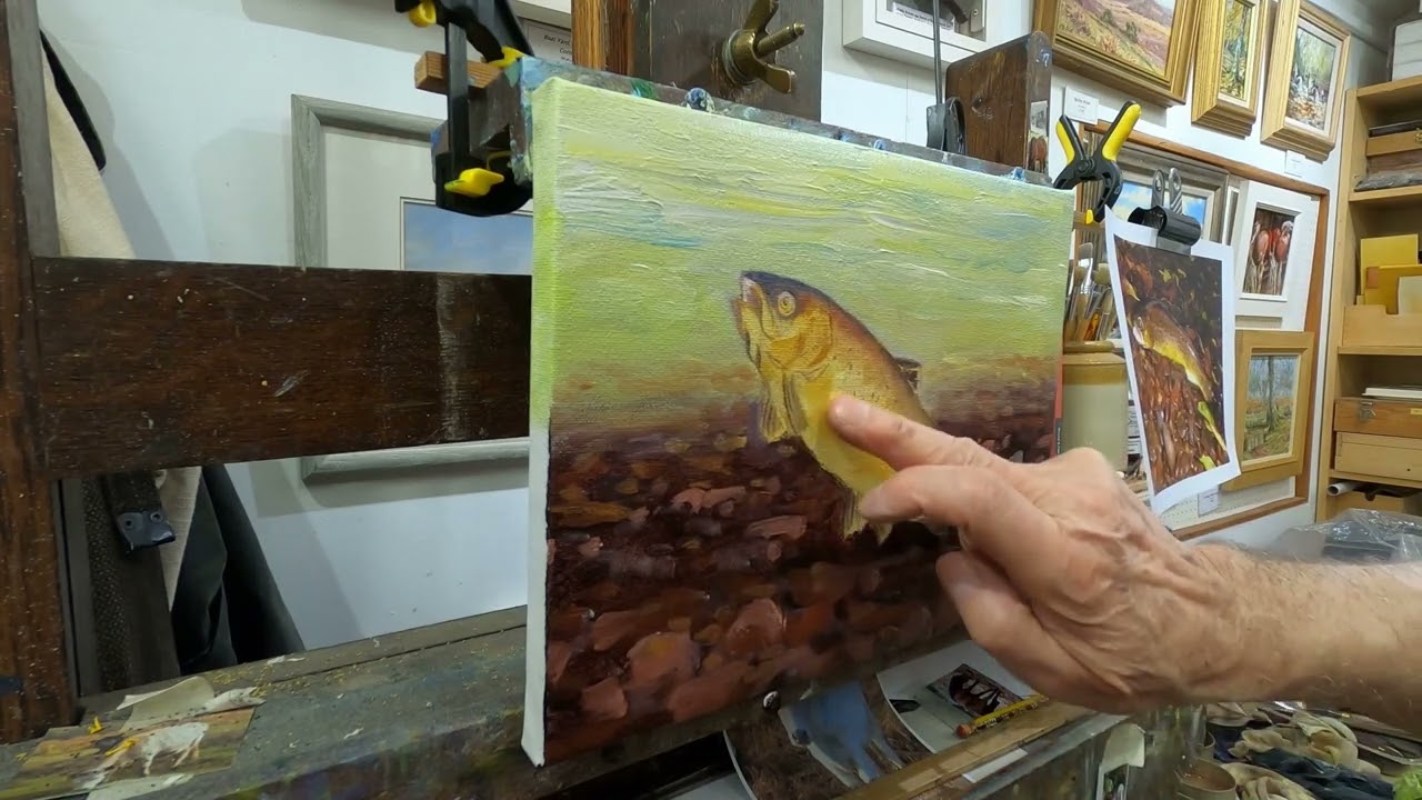Painting brown trout in oil on canvas