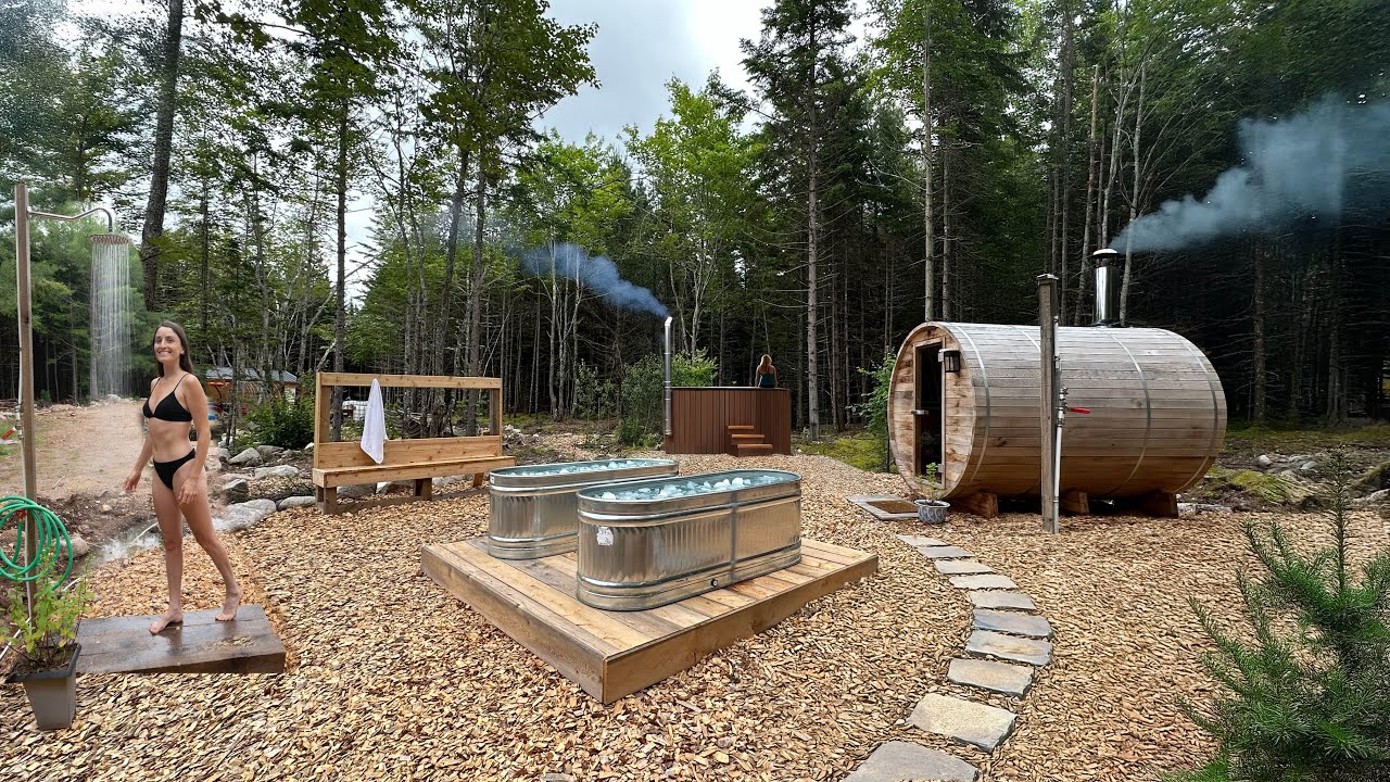 Spa At Off-Grid Cabin ASMR (wood fired hot tub, sauna, cold plunge & outdoor shower)