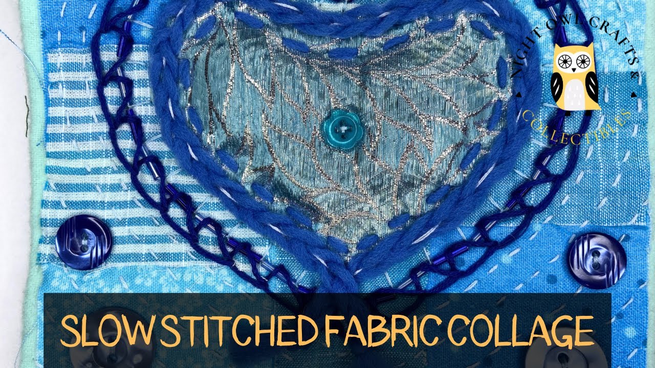 Slow Stitching Fabric Art Journal  - Page 4 - Blue Fabric Collage with Blanket Stitch & Beads