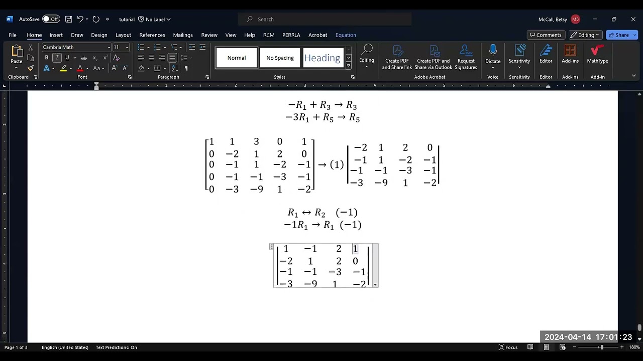 Finding the Determinant of a 5x5 matrix using Row Reducing