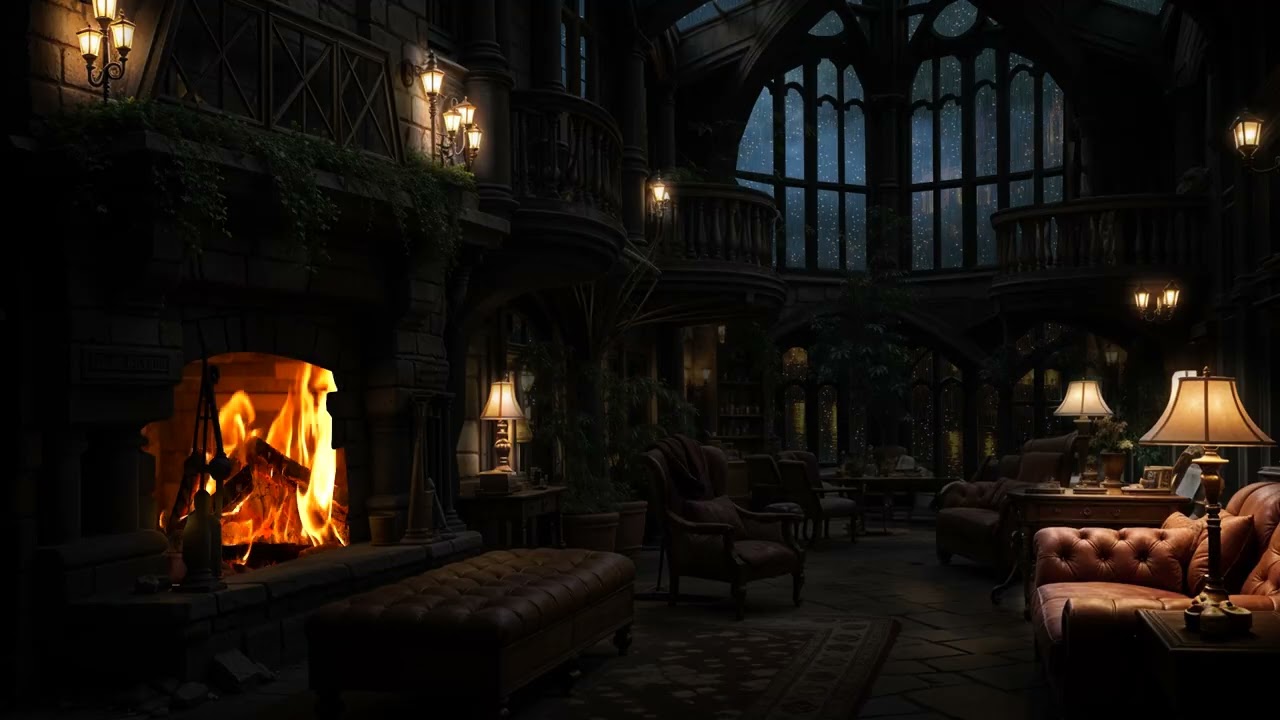 Peaceful Night Rainfall Inside a Historic Castle 🏰 Warm Hearth Ambience for Calm Sleep and Healing
