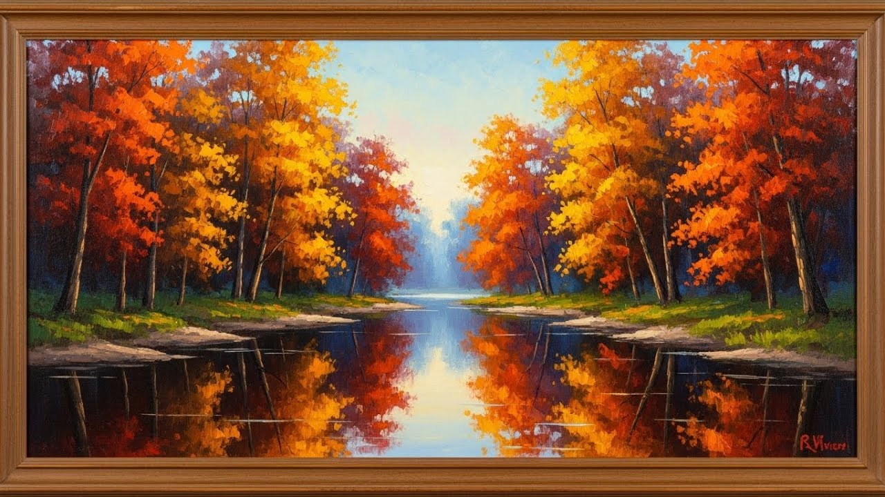 Frame TV Art: Vibrant Autumn River with Golden Fall Foliage | 4K Ambient Art