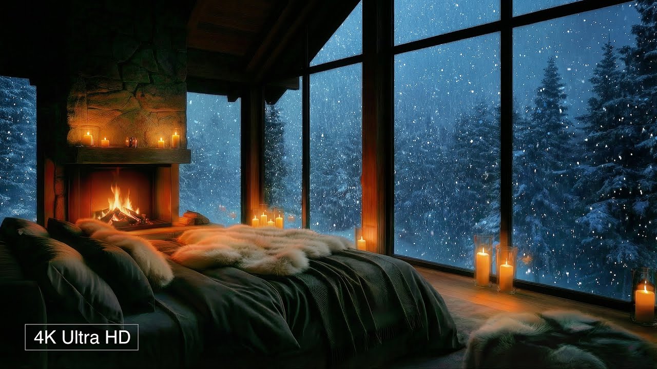 4K Snowy Night in a Luxury Attic | Cozy Blizzard, Fireplace & Relaxing Piano Music | 90 Minutes