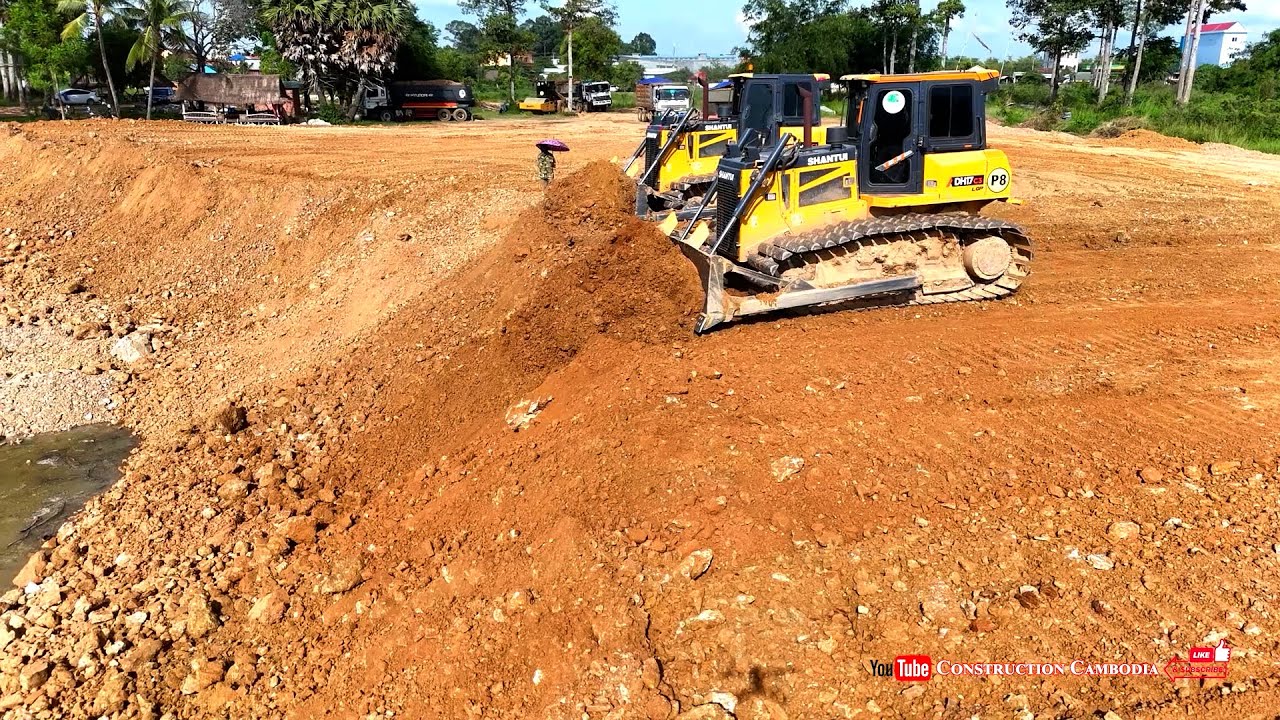 Impressive Land Filling Removal Huge Pond Water ! Skill Bulldozer Pushing Soil & Dump Trucks Dumping