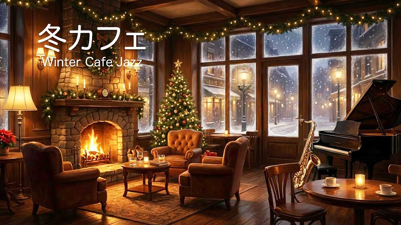 【Christmas BGM Jazz 2】Winter Cafe ☕❄️ Cozy Fireplace & Snowy Evening (1 Hour) 冬カフェ 暖炉と雪景色で聴く大人ジャズ
