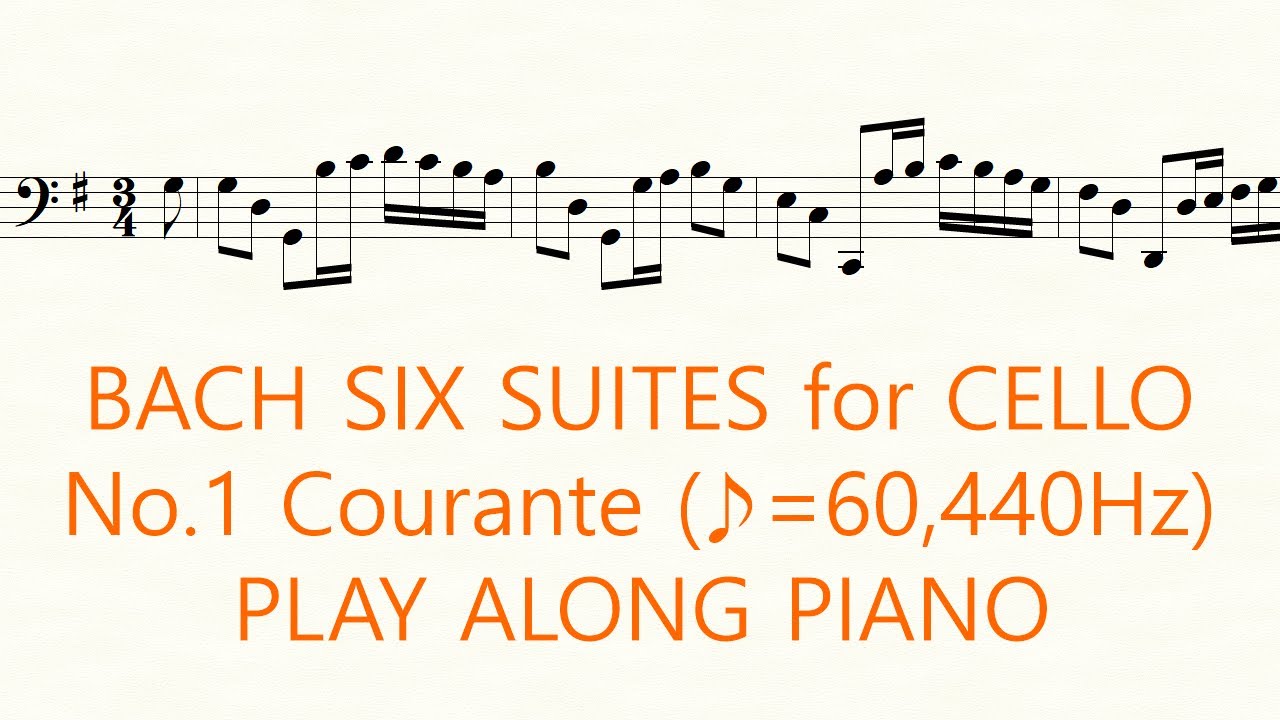 Bach Cello Suite No.1 Courante ♪=60, 440Hz Slow Practice Play Along Piano