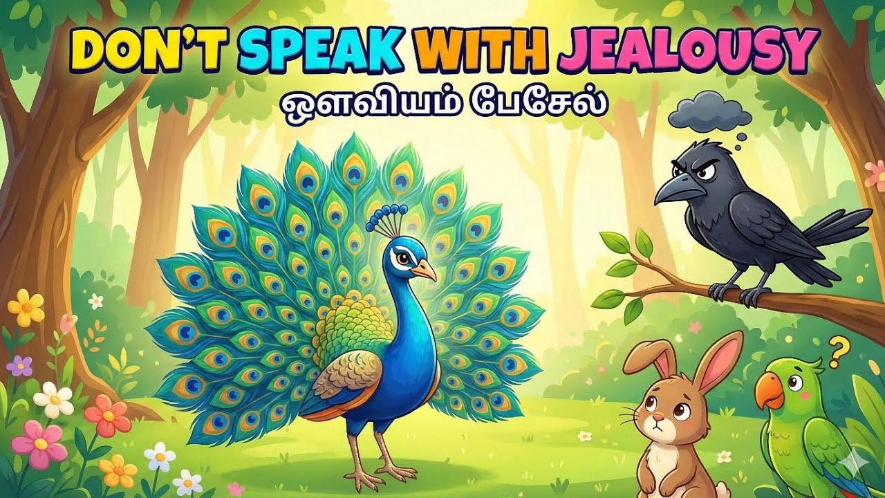 மயிலும் பொறாமை கொண்ட காகமும் | ஒளவியம் பேசேல் |  Aathichudi kathaigal in Tamil ,kids moral story. 