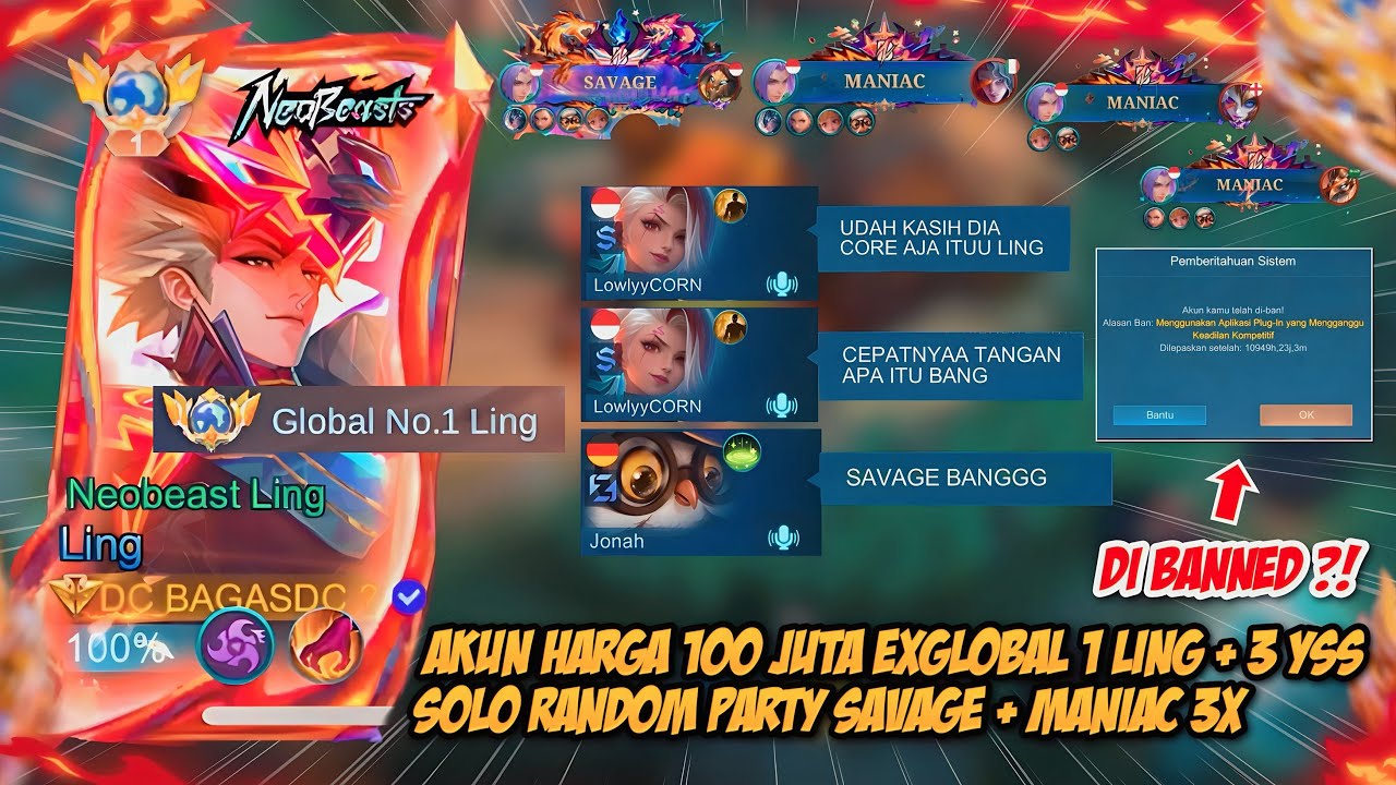 AKUN 100 JUTA EX GLOBAL 1 LING DAN GLOBAL 3 YSS KU KE BAN PERMANEN, SOLO RANKED RANDOM PARTY ‼️