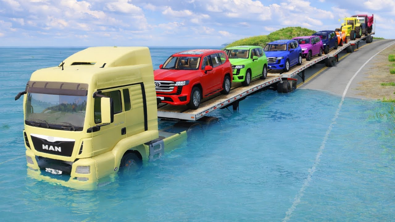 Triple Flatbed Trailer McQueen Transportation with Truck - Speedbumps vs Cars vs Train - BeamNG #13