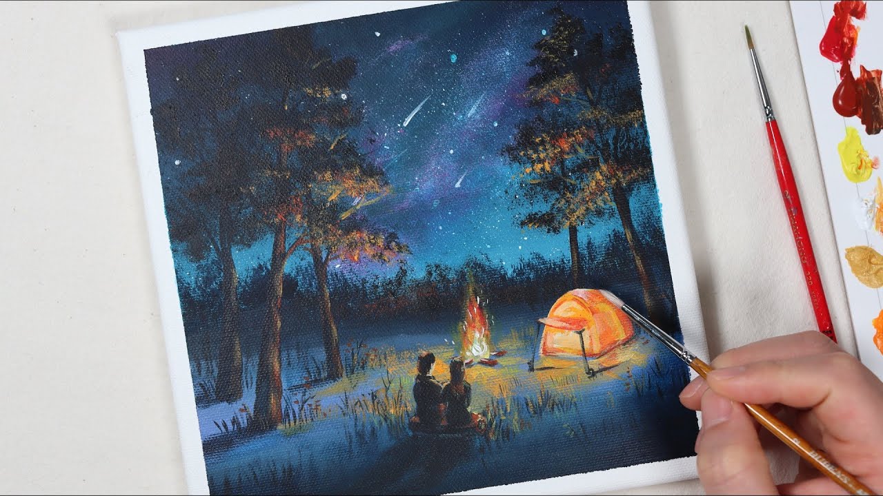 Camping in the night / Easy acrylic painting for beginners / PaintingTutorial