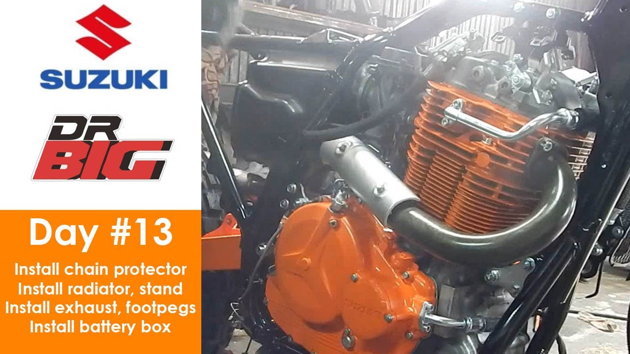 Suzuki DR750S - Part #13 (Install chain protector, radiator, stand, exhaust, rear footpegs, battery)