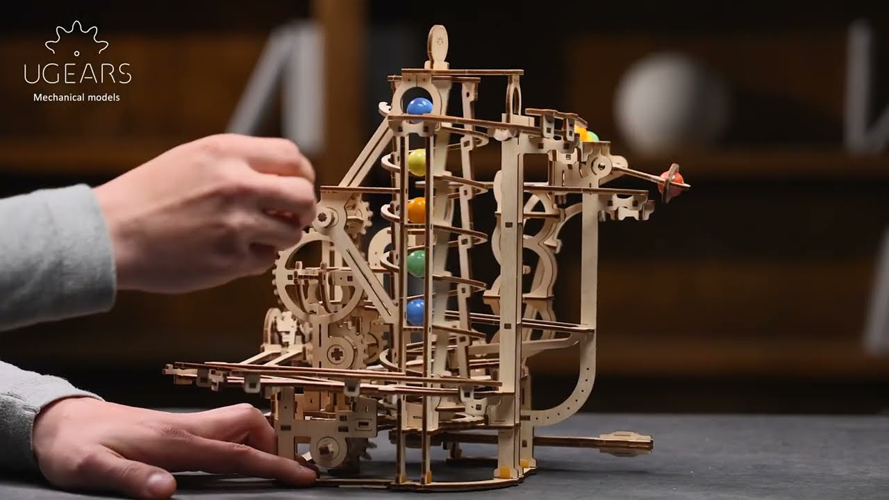 Ugears Marble Run Spiral Hoist | Wooden Roller Coaster | Assemble me. Let my marbles go!