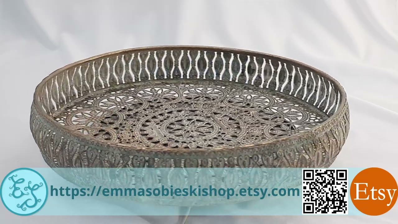 Vintage Ornate Hand-made Filigree Copper Dish / Fruit Bowl with Painted 'Patina'