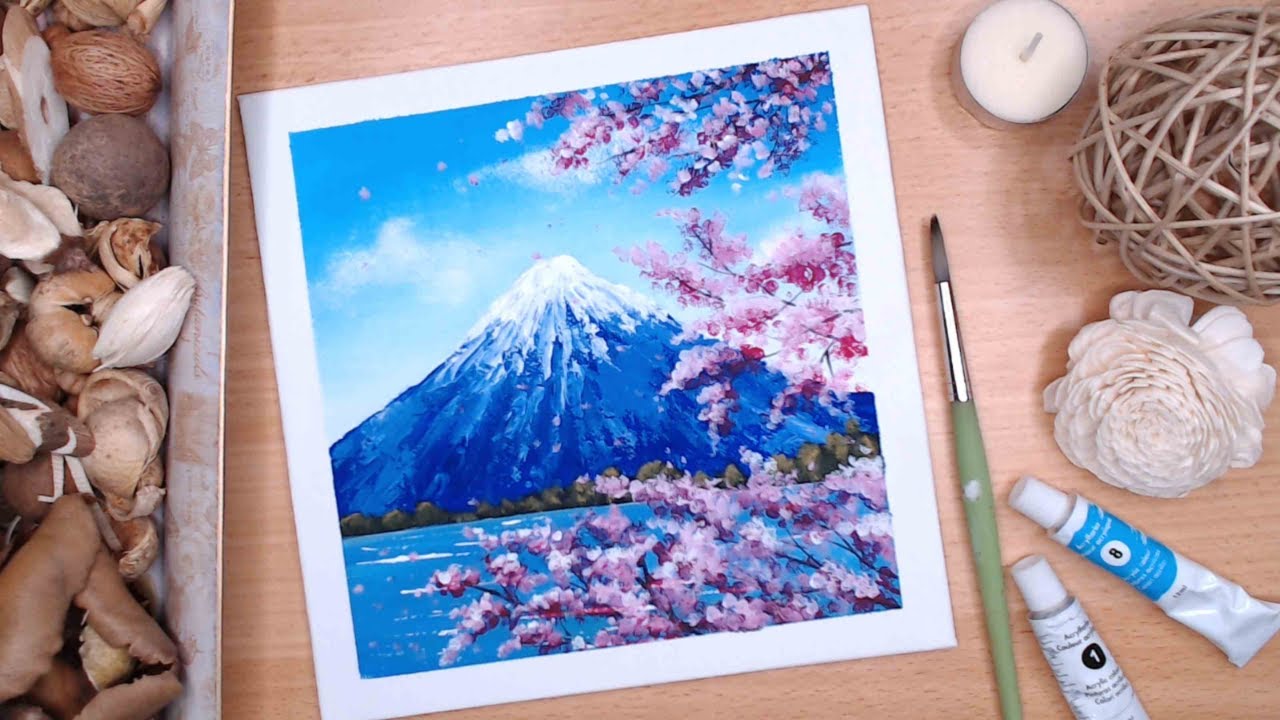 Daily challenge #102 Relaxing Spring Painting 🌸 Easy Mt Fuji Cherry Blossoms | Sakura