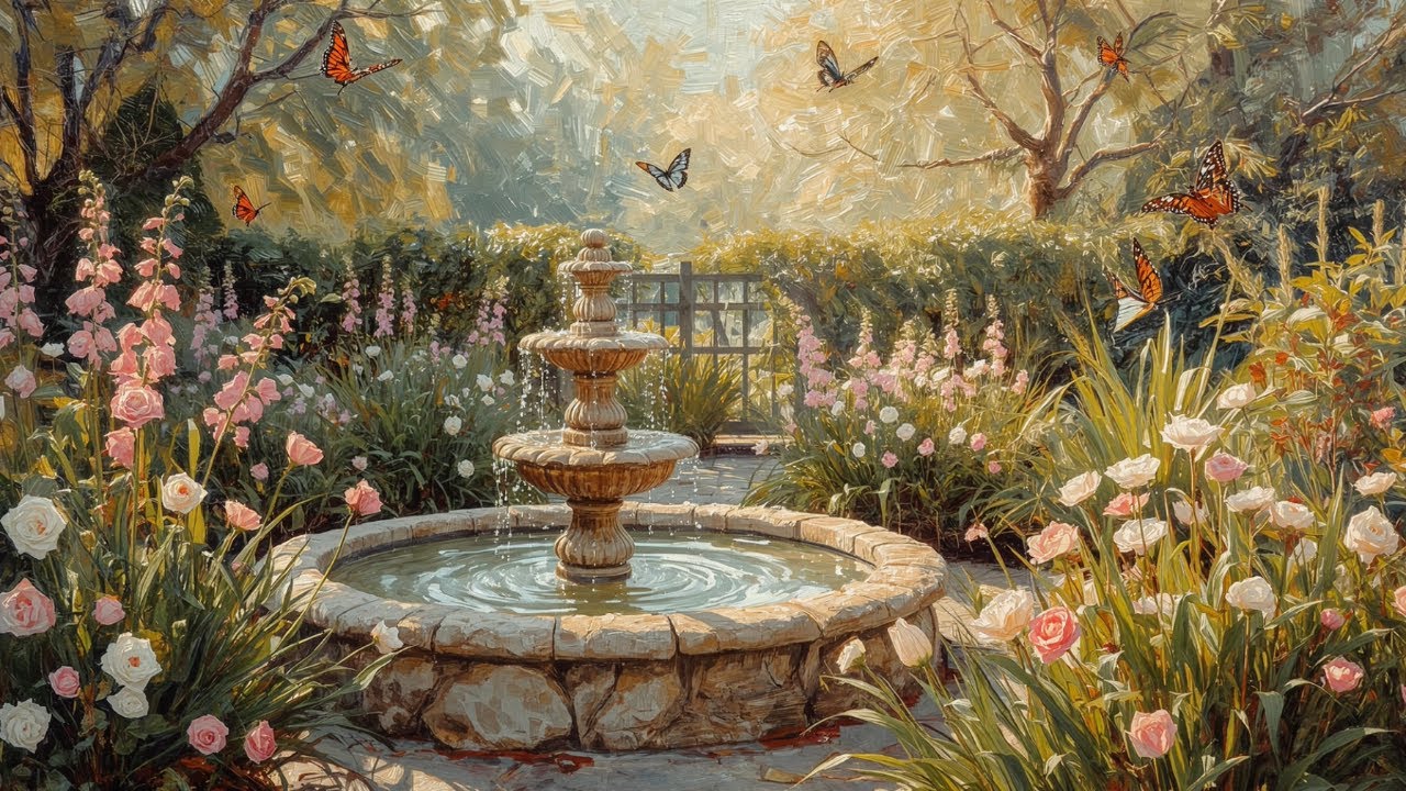 [piano playlist] a cottage garden fountain in bloom | gentle piano playlist