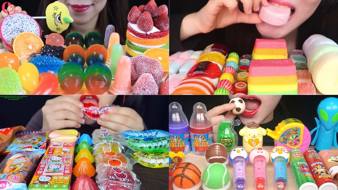 ASMR RAINBOW FRUITS DESSERTS EATING COMPETITION,EDIBLE SPORTS BALL,MARSHMALLOW,JELLY GUMMY,BIG BITES