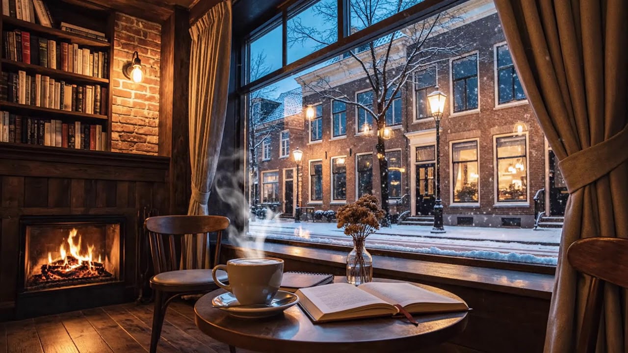 Cozy Winter Café with Falling Snow ~ Gentle Jazz Piano and Fireplace Sounds For Relax