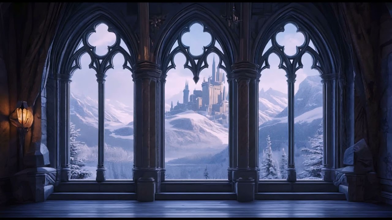 Snowy Mountain Castle View Through Gothic Window | Relaxing Winter Wind Sounds