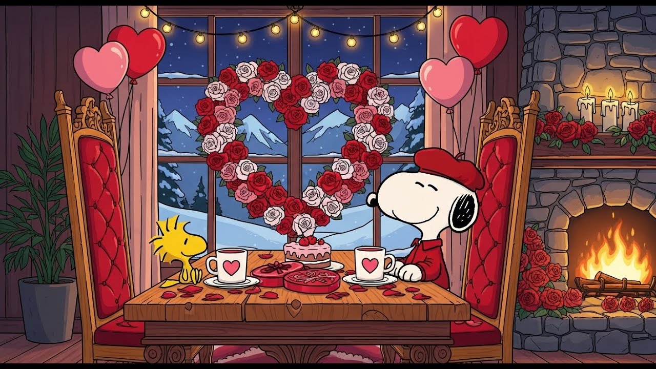 Cozy Valentine Evening with Snoopy 💖 | Warm Fireplace Jazz for Romantic Vibes & Sweet Love Pure