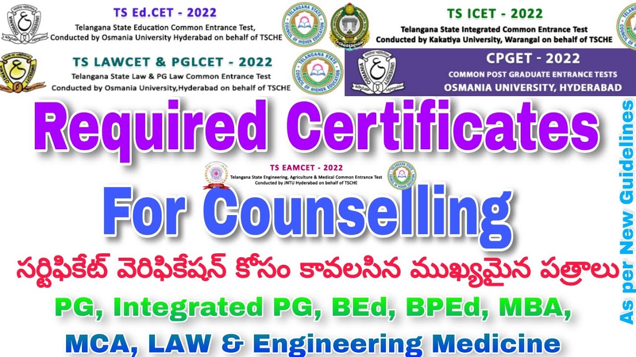 REQUIRED DOCUMENTS FOR CERTIFICATE VERIFICATION CPGET EDCET MBA MCA 2022 THE MASTERS EDUCATION SATYA
