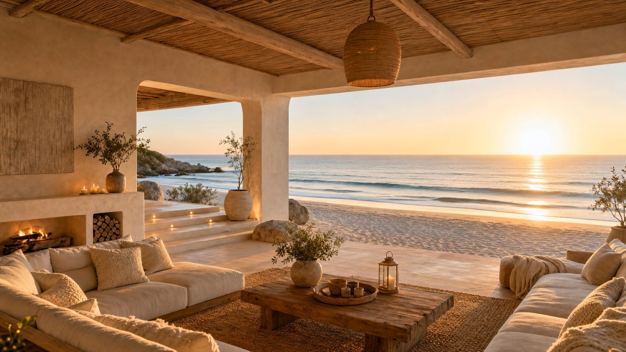 Cozy Beachfront Lounge at Sunrise ☀️ Fireplace & Ocean Waves (3 Hours)