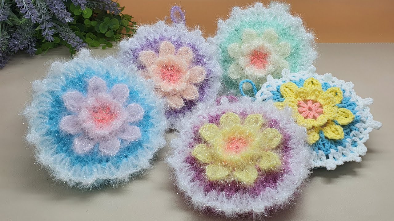 [수세미코바늘] 티아라 호빵 수세미 뜨기crochet coaster /  Crochet Dish Scrubby