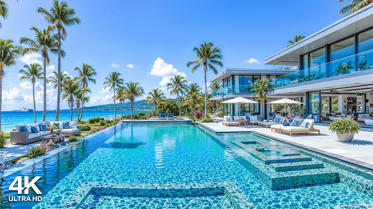 🌊 Upbeat Bossa Nova Jazz at Morning Beachfront Villa Ambience with Infinity Pool for Positive Moods