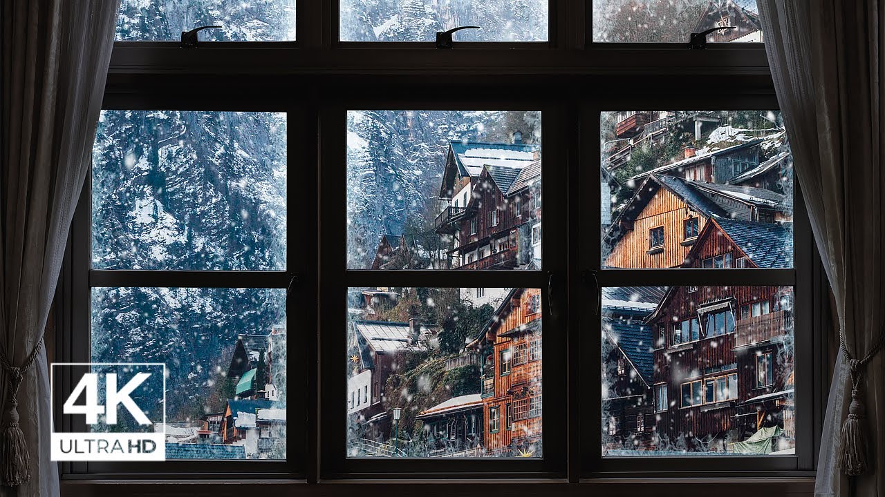 4K Winter town with snow window View - Relaxing, Calming, Ambience