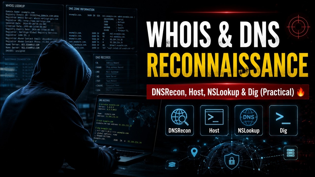 WHOIS & DNS Reconnaissance 🔥 DNSRecon, Host, NSLookup & Dig (Practical) | Ethical Hacking Course