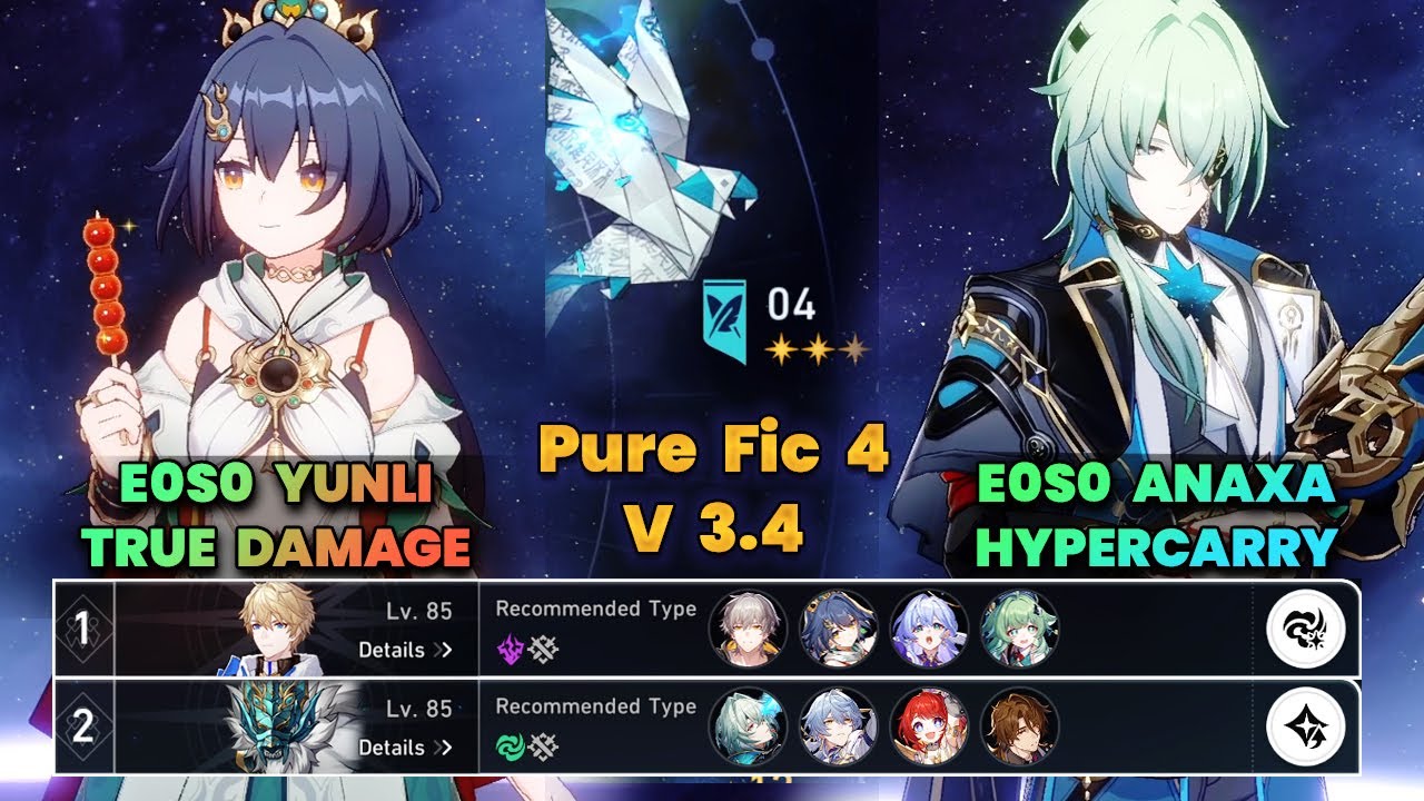 E0S0 Yunli True Damage & E0S0 Anaxa Hypercarry | PureFiction 4 | V3.4 | 3 Stars | HSR |