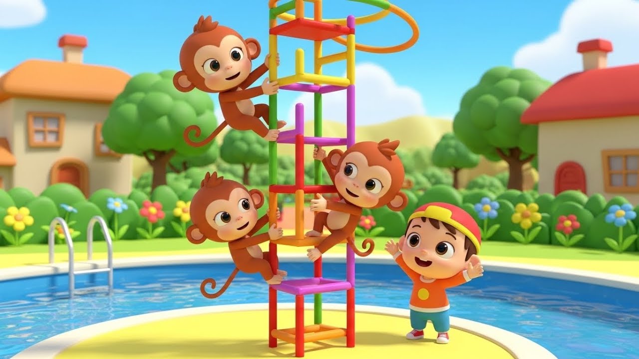 Three Little Monkeys Jump in the Pool | Funny and Fun Kids Nursery Rhyme Animation