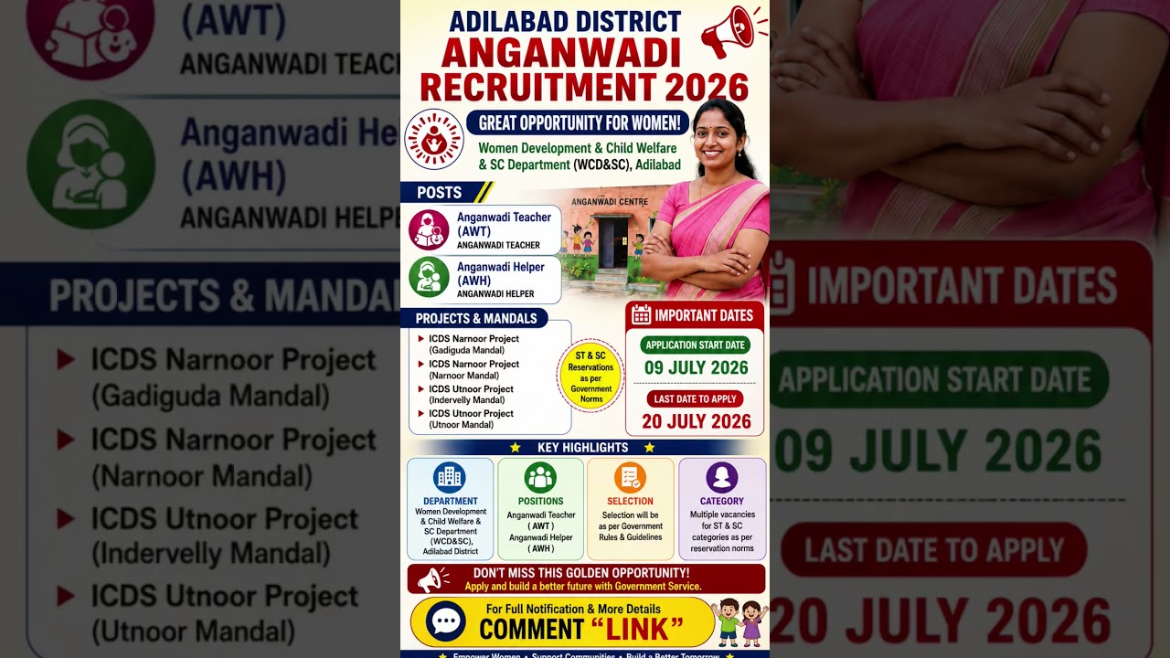 Adilabad జిల్లాలో భారీ అంగన్&zwnj;వాడీ ఉద్యోగాల నోటిఫికేషన్ విడుదల!