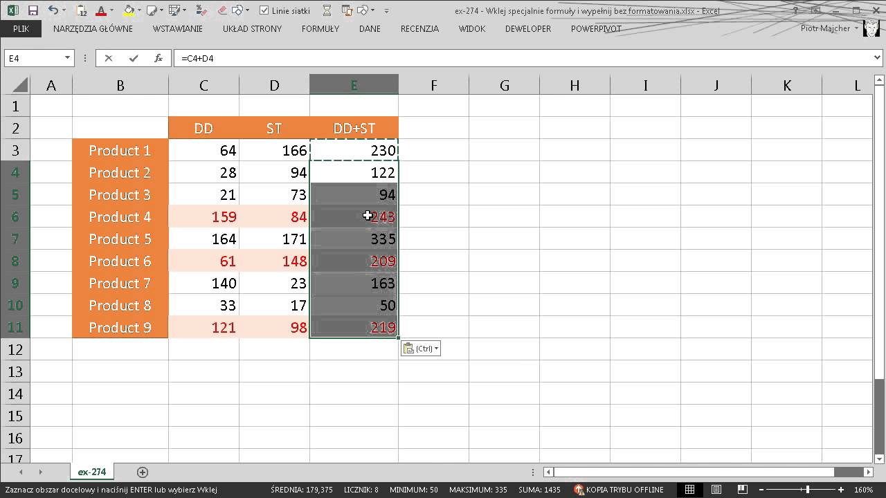 excel-274 - Wklej specjalnie formuły i wypełnij bez formatowania